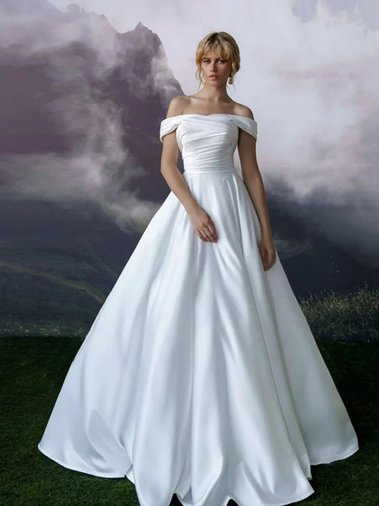 LORIE Ivory White Wedding Dresses A Line Satin Princess Off The Shoulder Bride Dress Pleats Wedding Gowns 2024