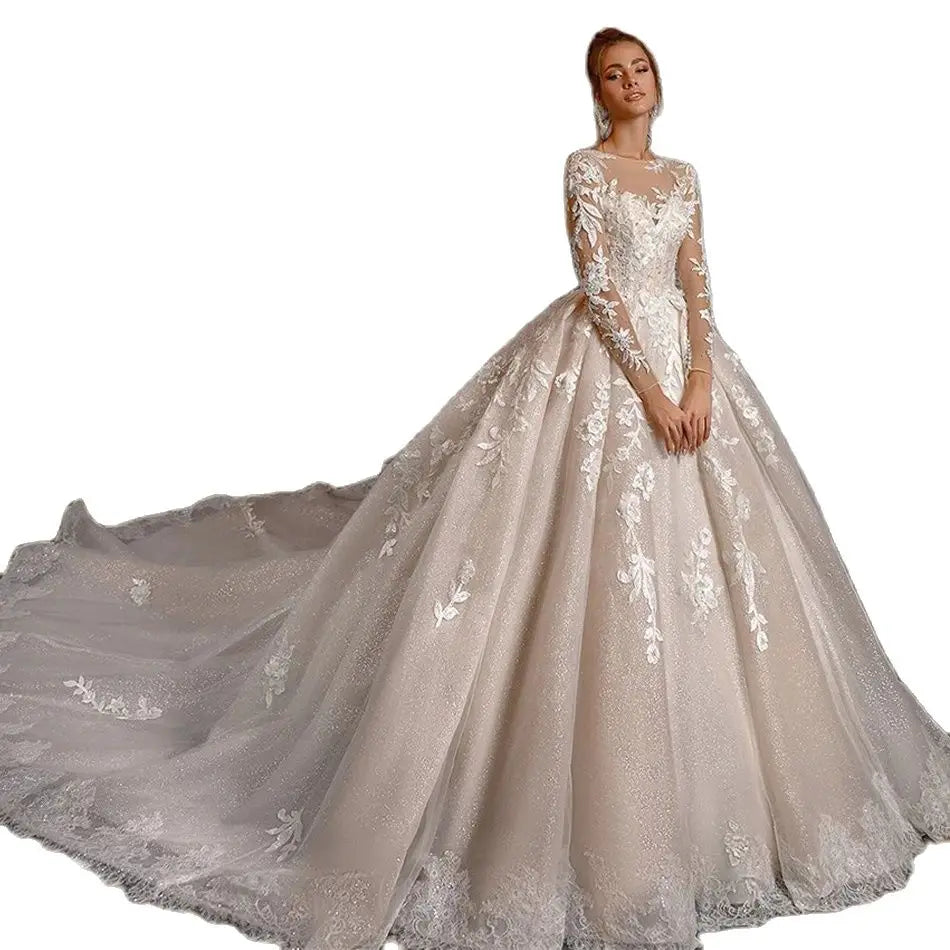 Haute Couture Elegant Beige Bride Dresses With Leaf Embroidery Long Sleeve Button-up Beaded Custom Wedding Dress