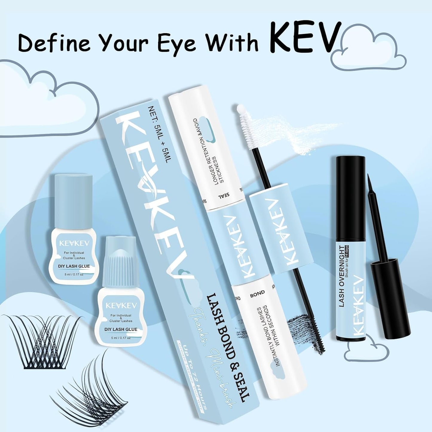 Lash Bond & Seal - Waterproof Strong Hold Lash Glue for Cluster Lashes - 72-Hour Long-Lasting Formula (5ml + 5ml)