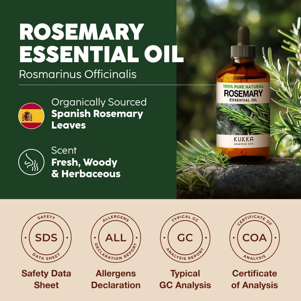 Kukka 100% Pure Rosemary Essential Oil for Hair Care - 4 Fl Oz - Perfect for Shampoo, Scalp Treatments, Aromatherapy & DIY Projects