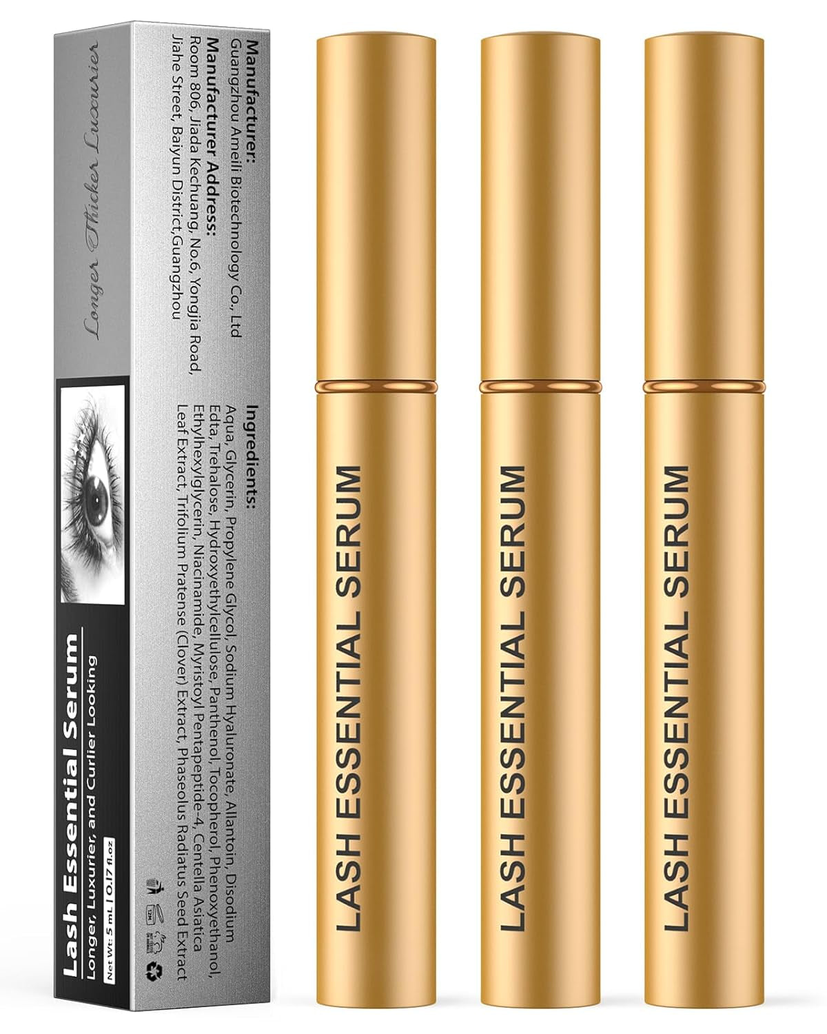 Natural Eyelash Serum for Longer, Thicker Lashes & Brows - Vegan & Cruelty-Free with Niacinamide & Centella Asiatica (15ml Gold)