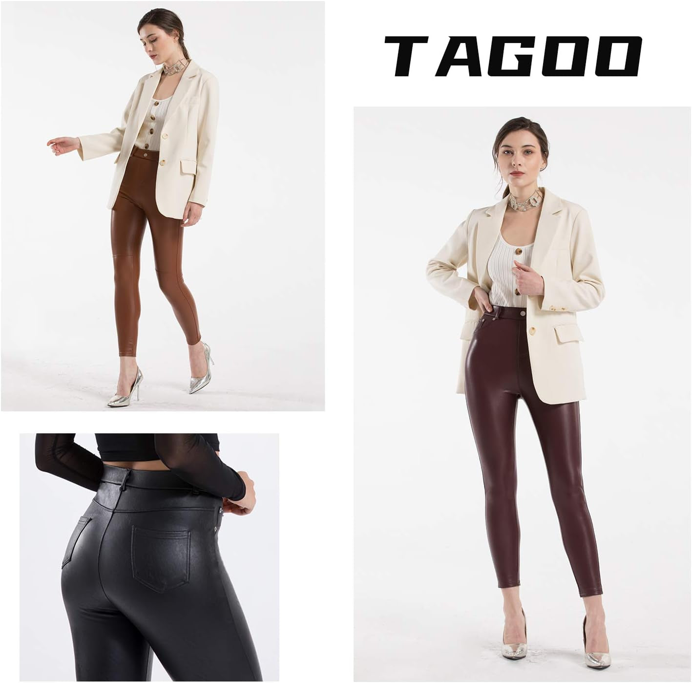 Faux Leather Leggings for Women High Waisted Pleather Pants Stretch Tights with Pockets