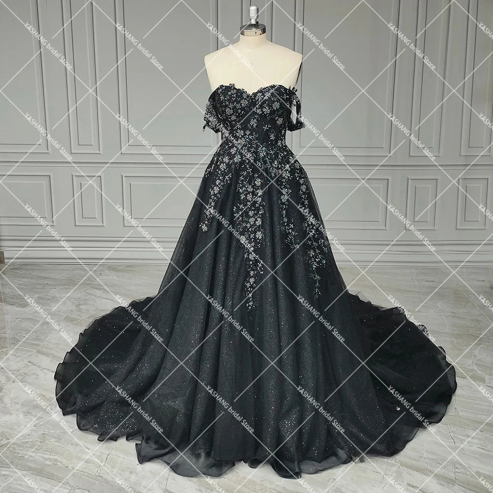 Luxe Shimmer Tulle Off Shoulder Wedding Dress with Embroidered 3D Flowers Sweetheart Puffy Lace Up Custom Made Bridal Gowns