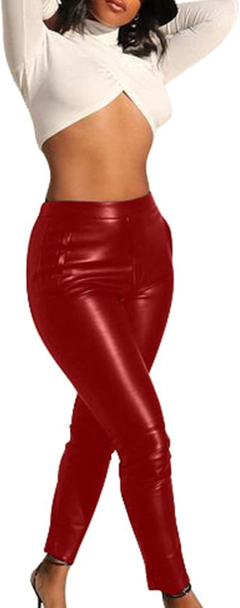 Leather Pants for Women Sexy, Womens High Waisted Pleather Pants Red