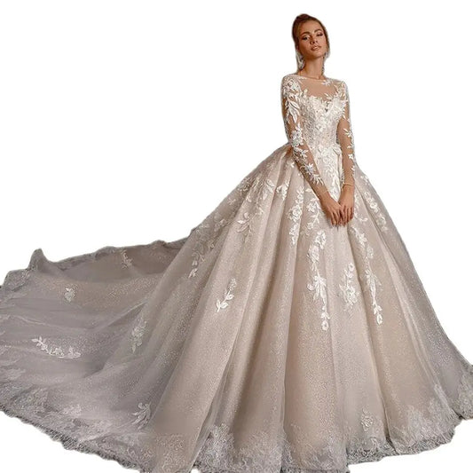 Haute Couture Elegant Beige Bride Dresses With Leaf Embroidery Long Sleeve Button-up Beaded Custom Wedding Dress