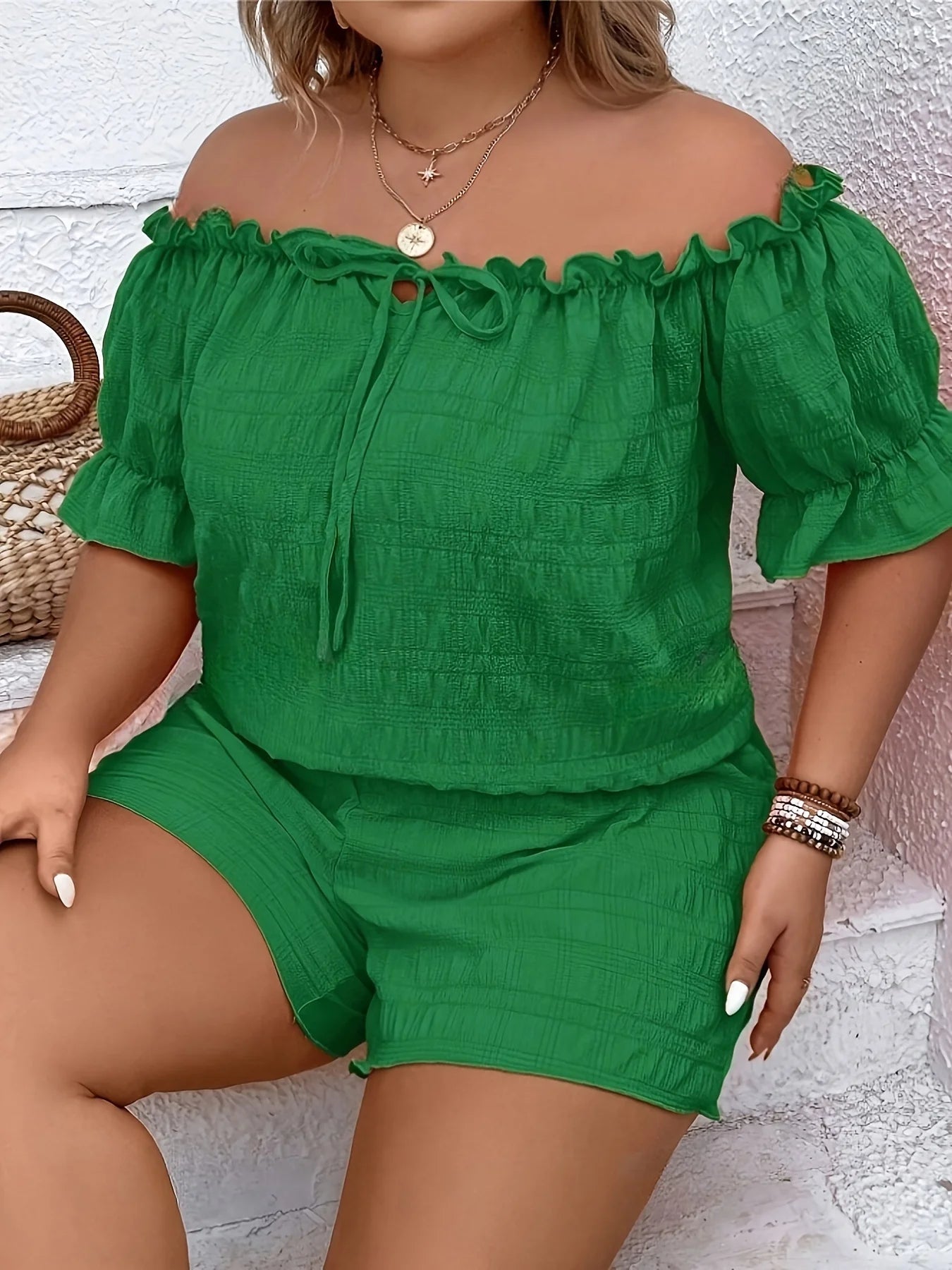 Plus Size Summer Women's Elegant Off Shoulder Shirt Short Pants 2 Piece Set Casual Vacation Solid Clothing Female