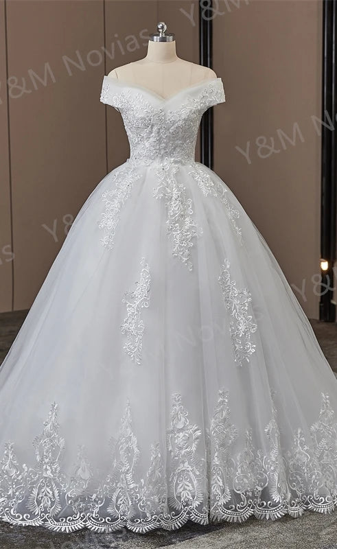 Real video Ball Gown Off Shoulder Wedding Dresses Full Sleeve Sweetheart Lace Appliqus Bead Wedding Dresses For Women 2024 New