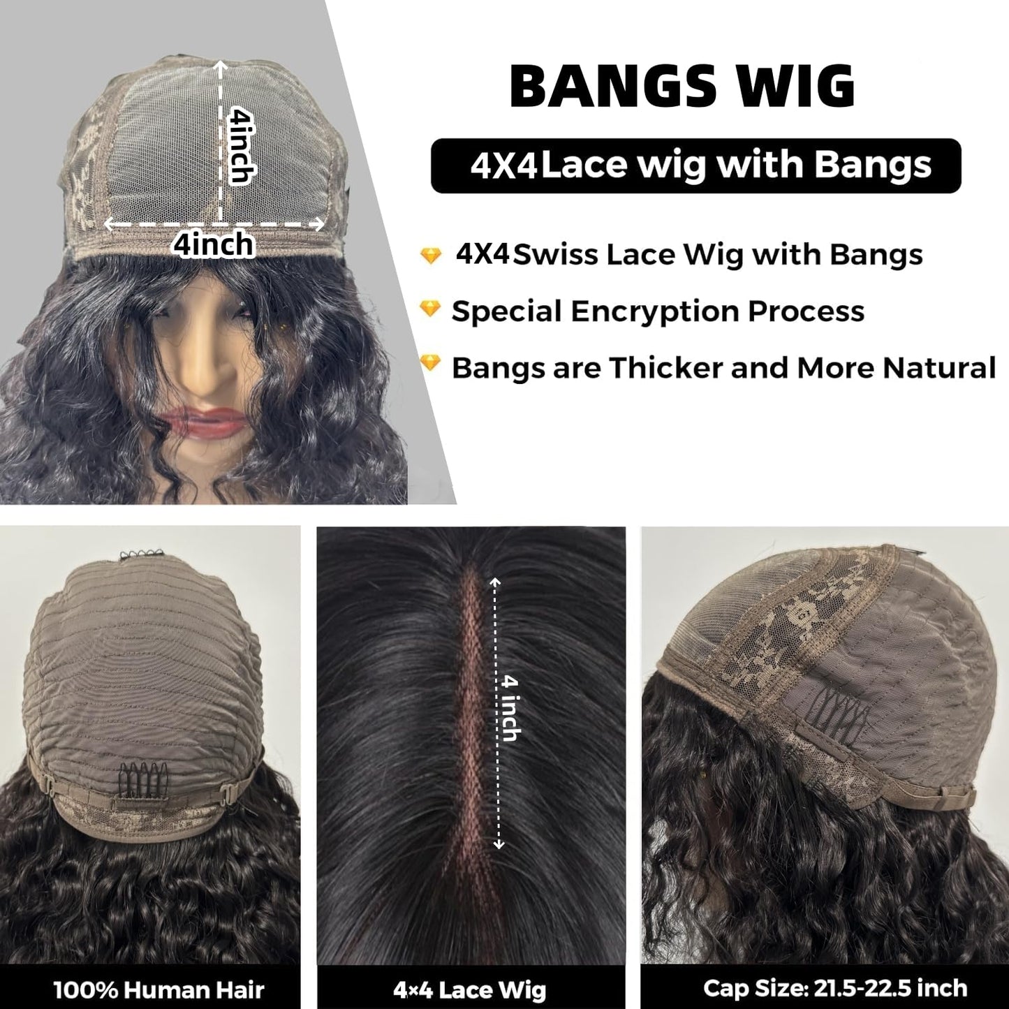 Wig with Bangs Human Hair 4X4 HD Lace Glueless Wigs Human Hair Cury Wave Human Hair Wigs with Bangs for Black Women