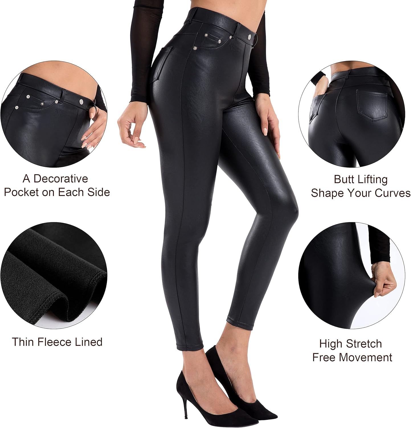 Chic High-Waisted Faux Leather Leggings for Women - Stretchy Pleather Pants with Convenient Pockets