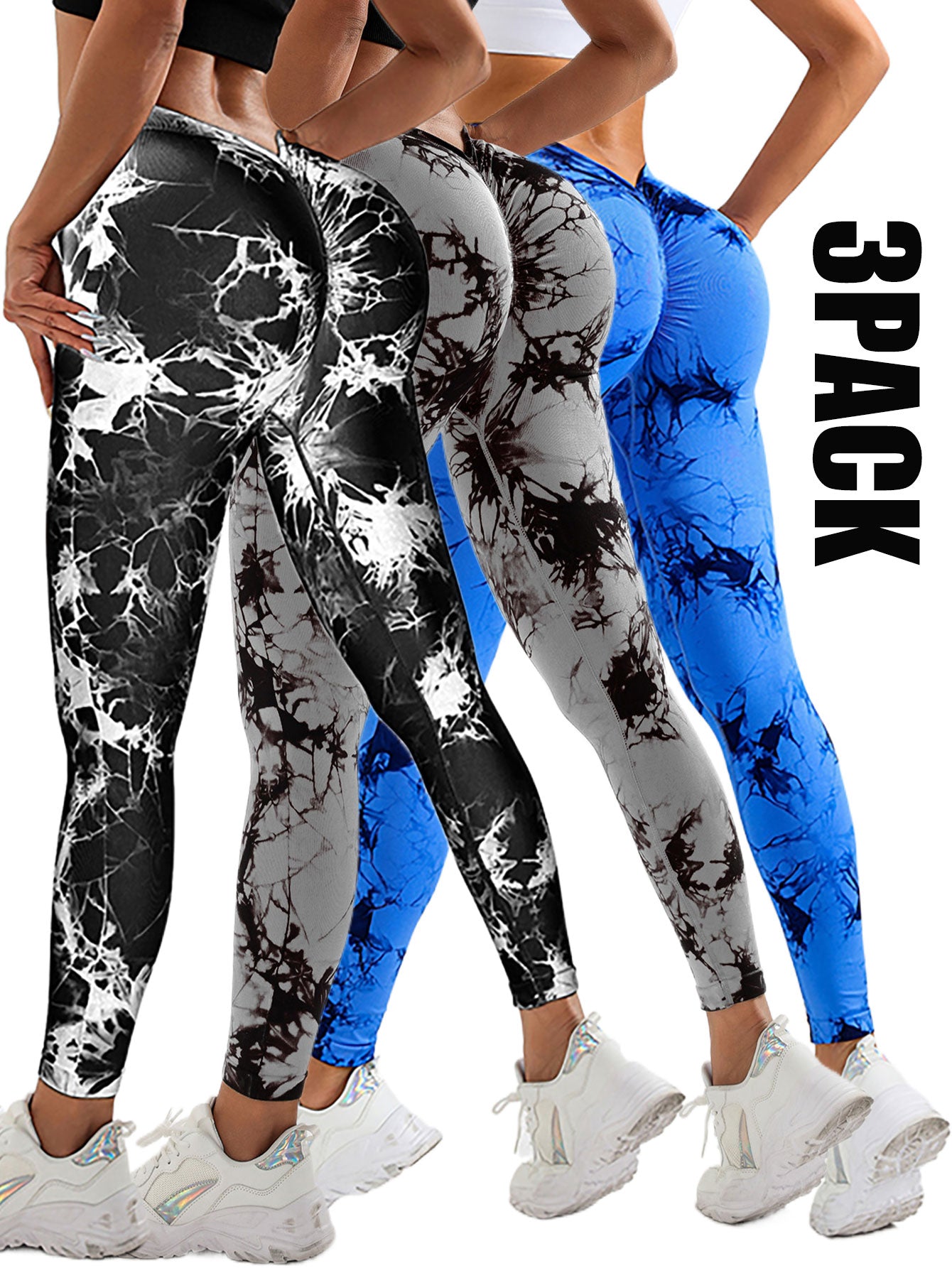 3 Pack Women's High Waisted Tie-Dye Scrunch Leggings - Butt Lifting Seamless Gym & Yoga Pants