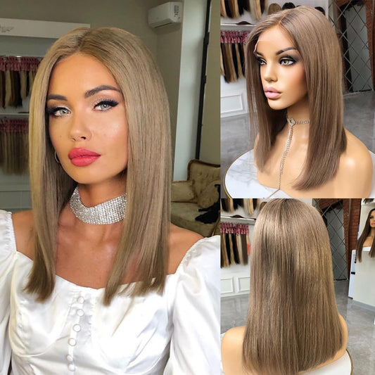 Ash Blonde Human Hair Wigs for White and Black Women Short Dusty Brown Bob Wig 13X4 HD Transparent Lace Frontal Wig 180% Brazilian Hair Preplucked 12 Inches