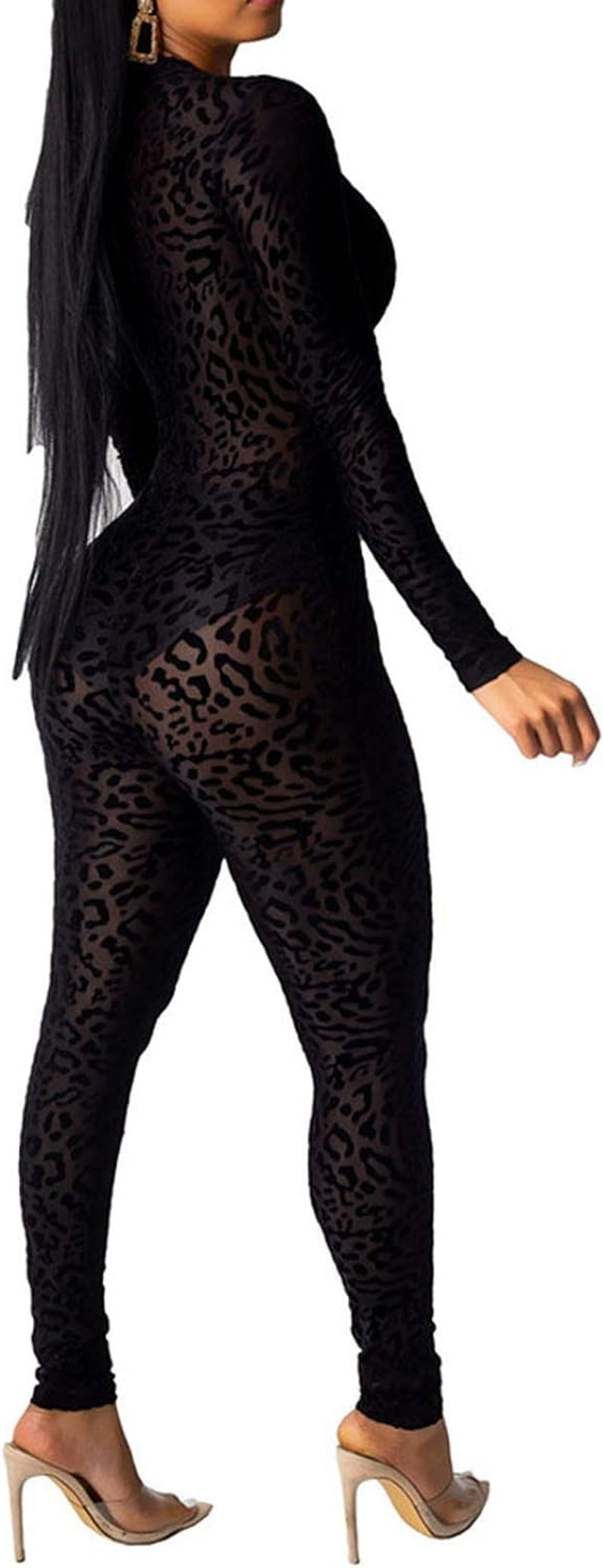 Sassy Leopard Print Sheer Mesh Bodycon Jumpsuit - Stunning Deep V Neck Clubwear for Bold Women