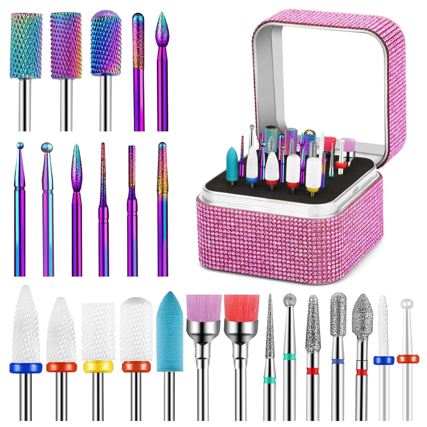 25-Piece Professional Nail Drill Bits Set with Storage Box - Tungsten, Ceramic, Diamond & Carbide Bits for Acrylic Gel Polish & Cuticle Efile - Perfect for Manicure & Pedicure