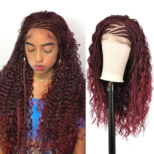 26" HD Lace Front Half Braided Wigs for Women, Burgundy, Synthetic