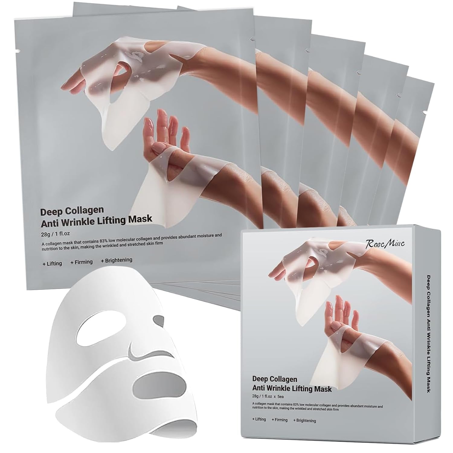 Revitalize Your Skin with Deep Collagen Face Mask - 5 Pack of Bio-Collagen Hydrogel Masks for Firming, Lifting, and Hydration