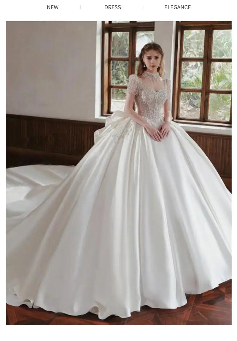 French Ivory Satin Wedding Dress New Bridal Ball Gown Luxury Beading Princess Vestido De Noiva Custom Big Size Floor Or Train