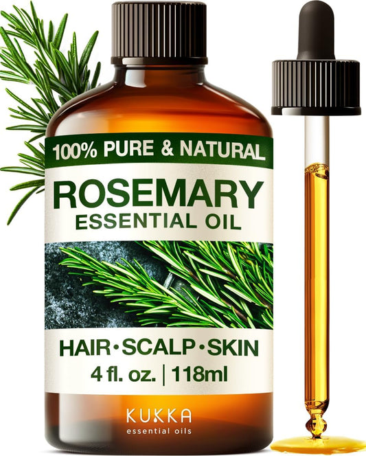 Kukka 100% Pure Rosemary Essential Oil for Hair Care - 4 Fl Oz - Perfect for Shampoo, Scalp Treatments, Aromatherapy & DIY Projects