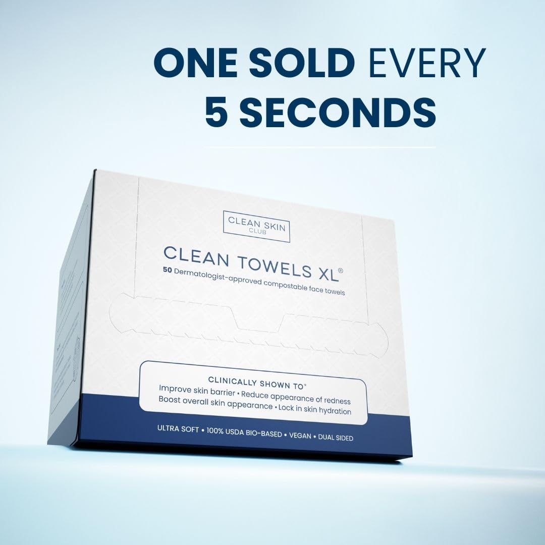 Clean Towels XL™ - Ultra Soft Disposable Face Towelettes, 100% USDA Biobased, Eczema Association Approved, Makeup Remover Dry Wipes, 50 Count Pack