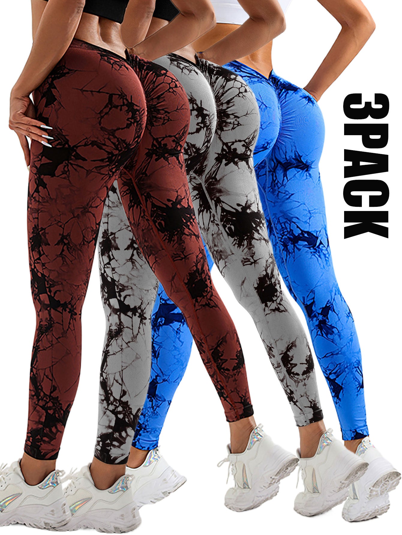 3 Pack Women's High Waisted Tie-Dye Scrunch Leggings - Butt Lifting Seamless Gym & Yoga Pants