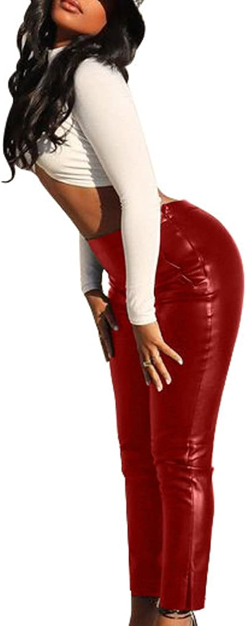 Leather Pants for Women Sexy, Womens High Waisted Pleather Pants Red