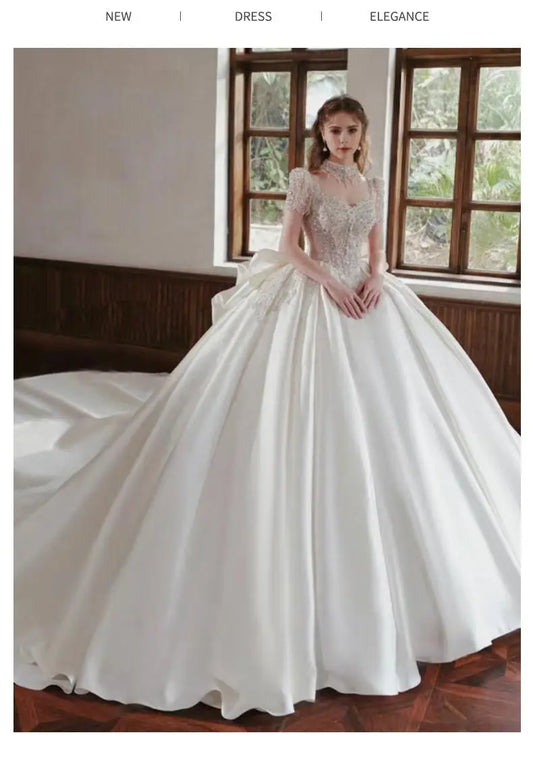 French Ivory Satin Wedding Dress New Bridal Ball Gown Luxury Beading Princess Vestido De Noiva Custom Big Size Floor Or Train
