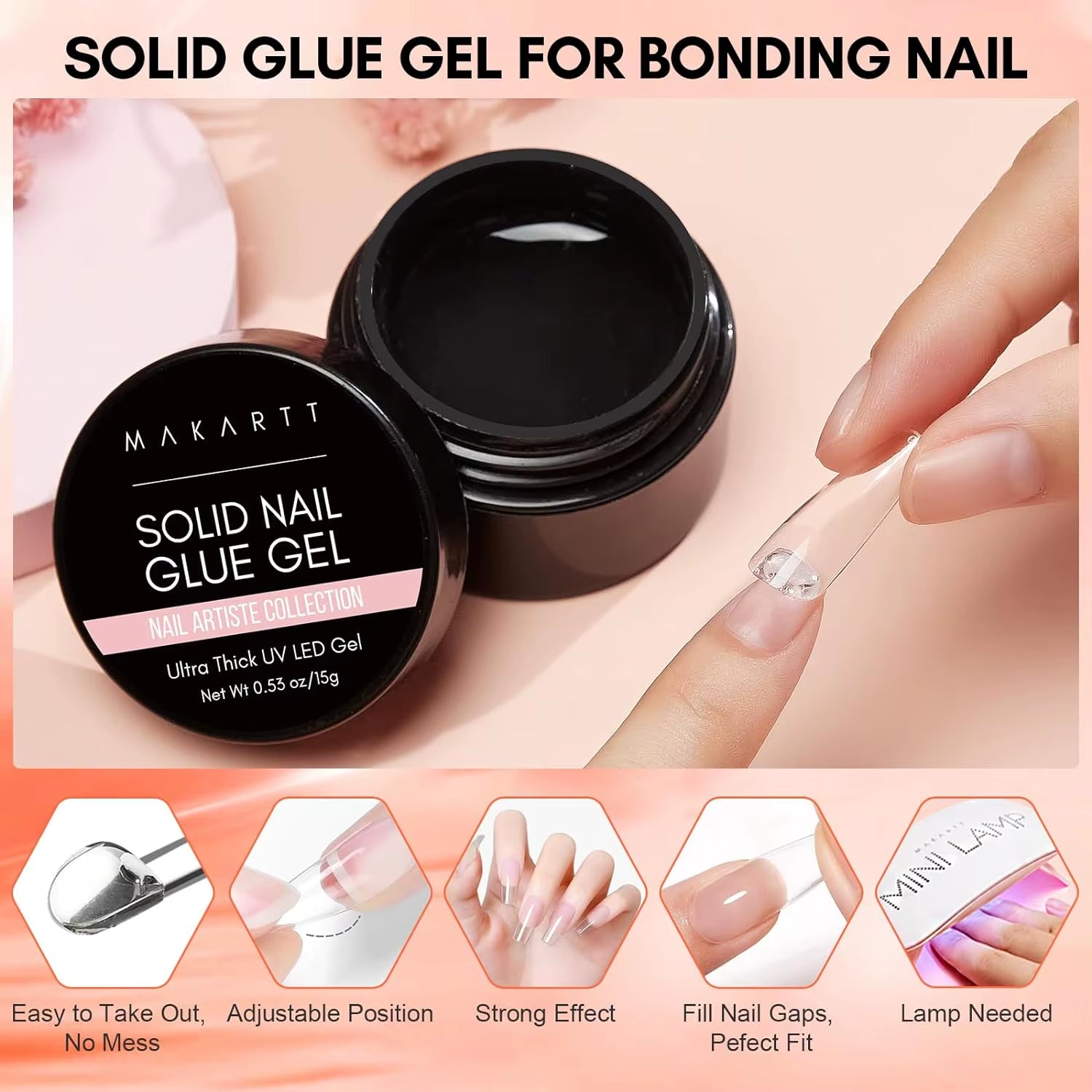 Premium Solid Nail Gel Adhesive for Acrylic Tips - UV Cured for Perfect Press-On & Fake Nails