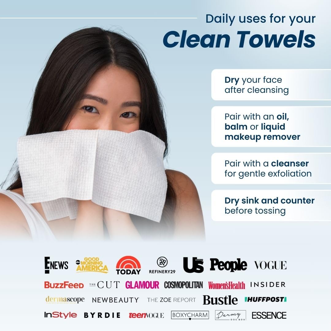 Clean Towels XL™ - Ultra Soft Disposable Face Towelettes, 100% USDA Biobased, Eczema Association Approved, Makeup Remover Dry Wipes, 50 Count Pack