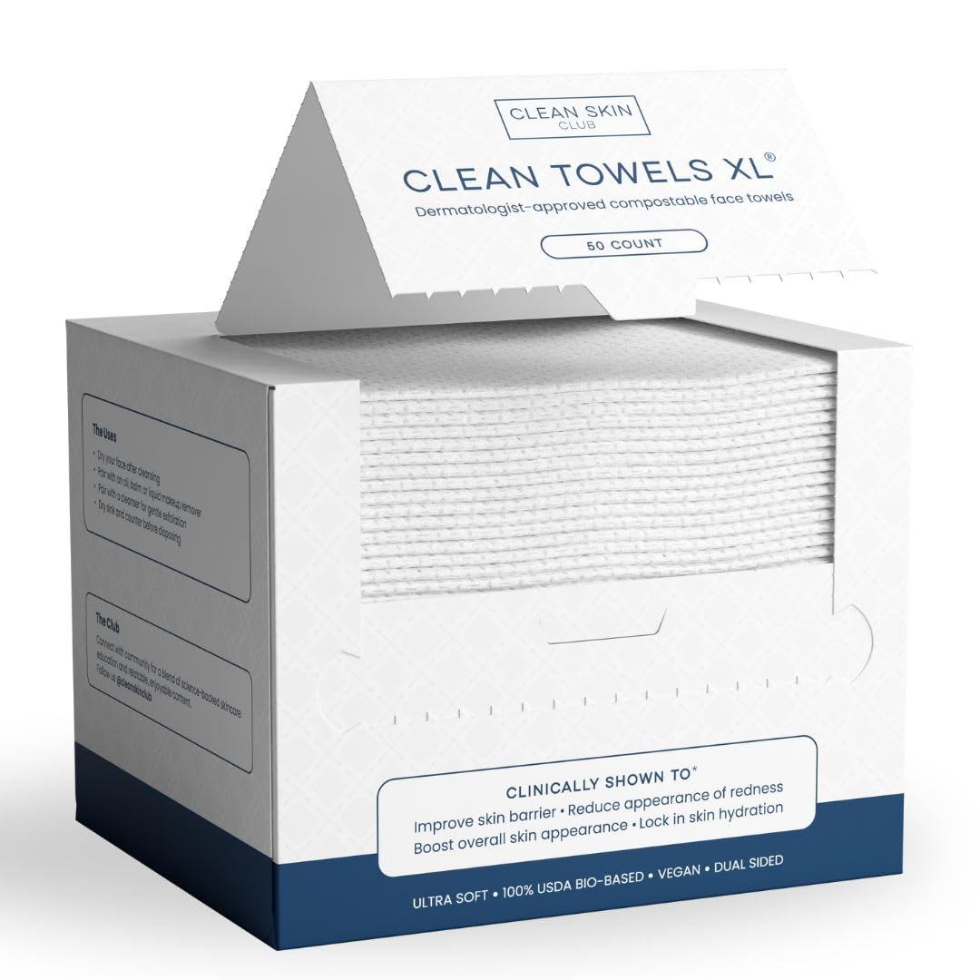 Clean Towels XL™ - Ultra Soft Disposable Face Towelettes, 100% USDA Biobased, Eczema Association Approved, Makeup Remover Dry Wipes, 50 Count Pack