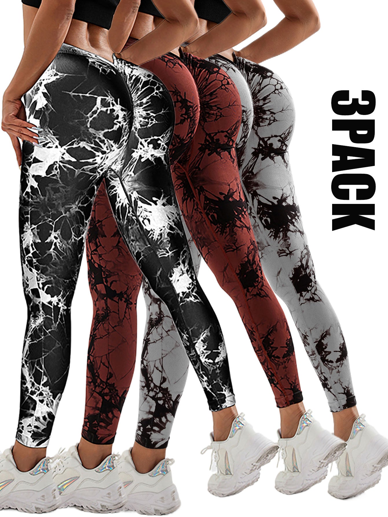 3 Pack Women's High Waisted Tie-Dye Scrunch Leggings - Butt Lifting Seamless Gym & Yoga Pants
