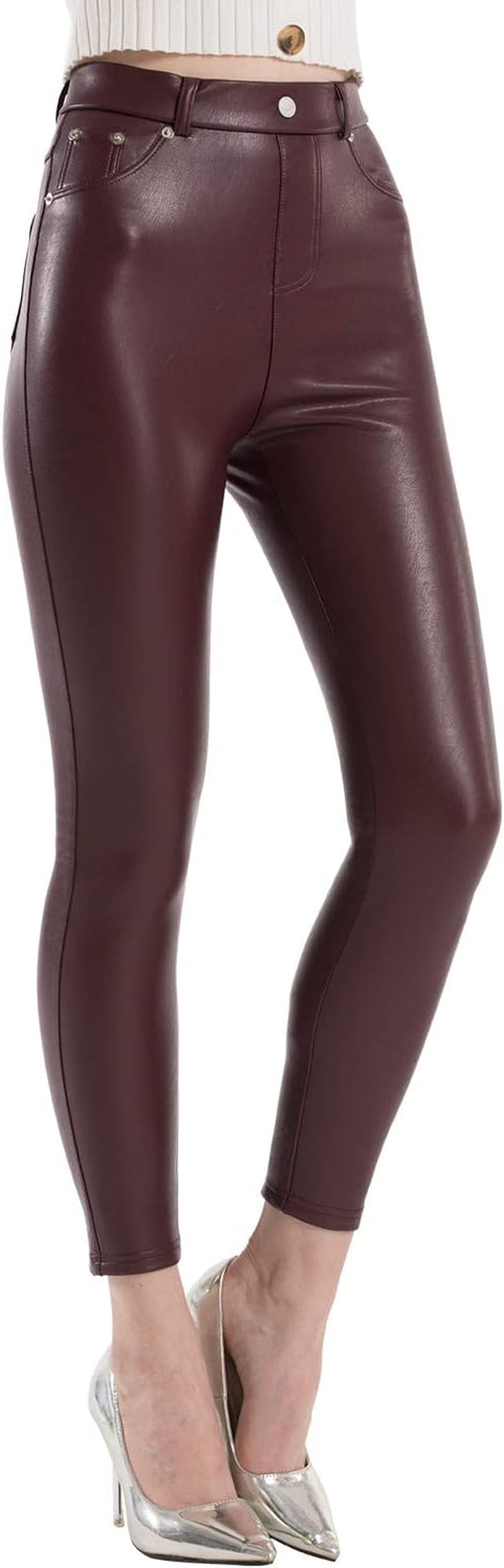 Faux Leather Leggings for Women High Waisted Pleather Pants Stretch Tights with Pockets