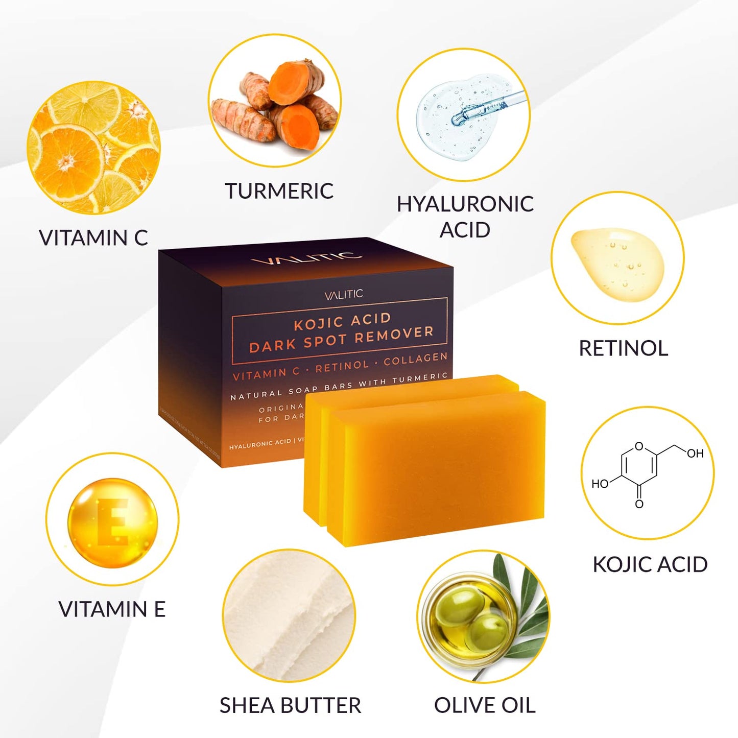 Kojic Acid Dark Spot Remover Soap Bars - Brightening Formula with Vitamin C, Retinol, Collagen & Turmeric - Japanese Complex with Hyaluronic Acid & Shea Butter (2 Pack)