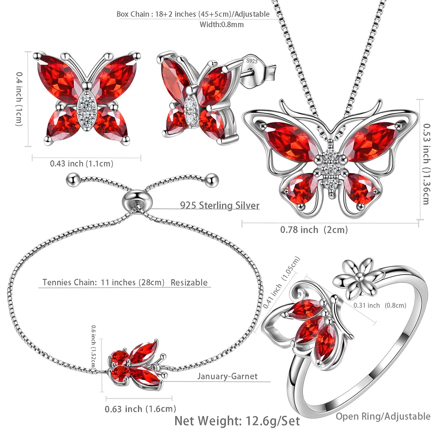 Elegant January Birthstone Jewelry Set - Stunning Red Butterfly Garnet Necklace, Earrings, Ring & Bracelet in Sterling Silver - Perfect Gifts for Christmas, Birthdays & Mother's Day