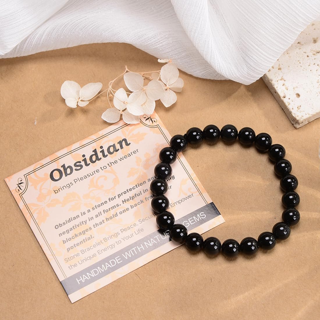 Handmade Black Obsidian Yoga Bracelet - 4mm Natural Stone Crystal for Healing Energy & Pleasure - Unisex Gift