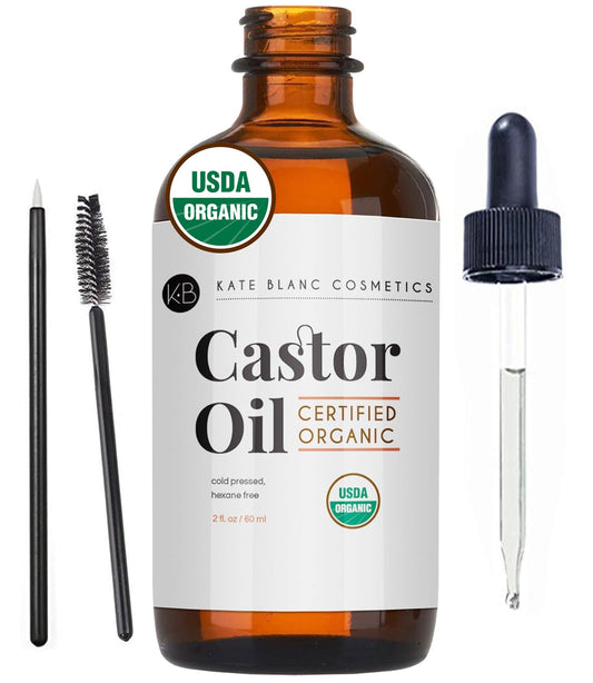 Castor Oil Organic (2Oz), 100% Pure, Cold Pressed, Hexane Free. Stimulate Growth for Hair, Eyelashes, Eyebrows. Hair Treatment Starter Kit & Skin Moisturizer