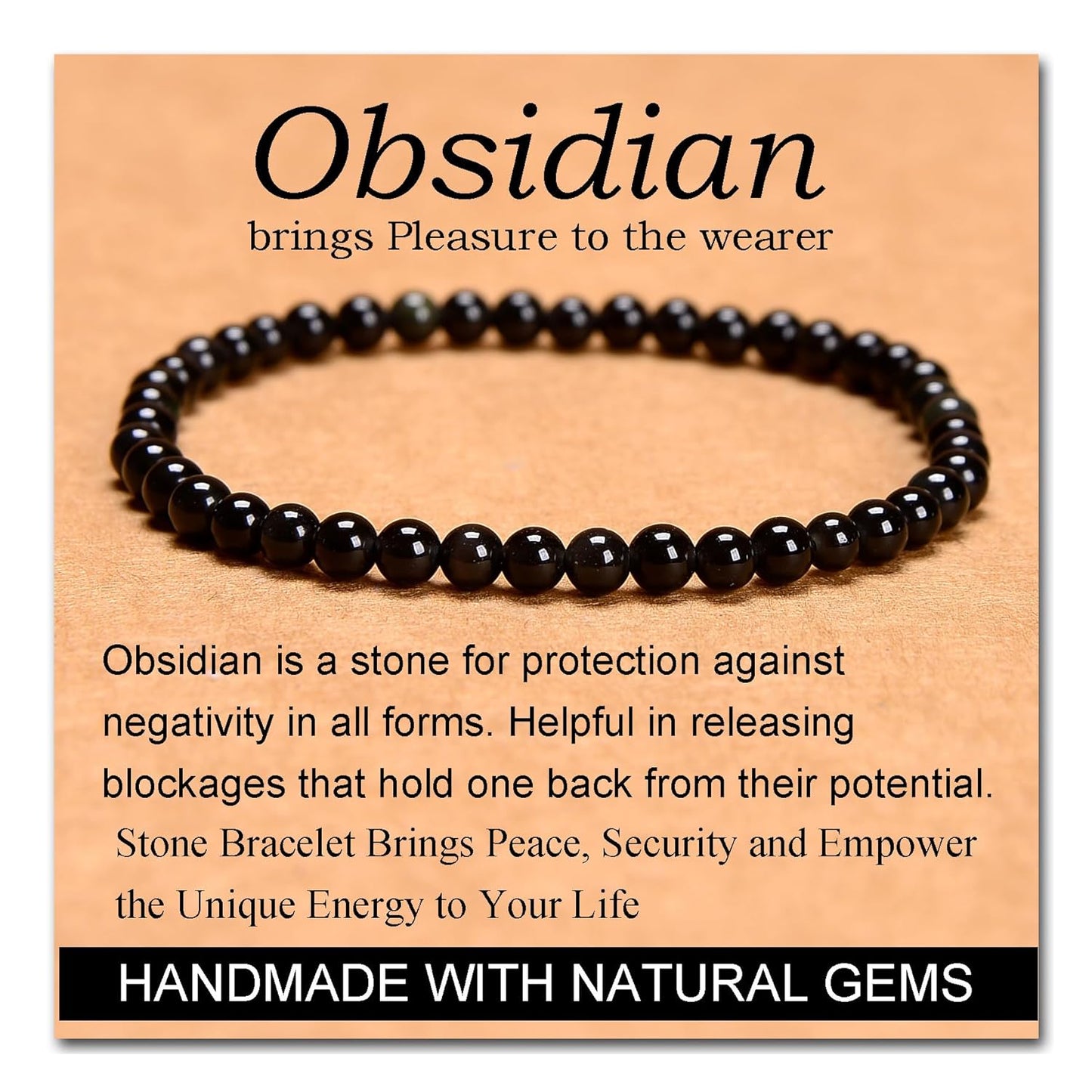 Handmade Black Obsidian Yoga Bracelet - 4mm Natural Stone Crystal for Healing Energy & Pleasure - Unisex Gift