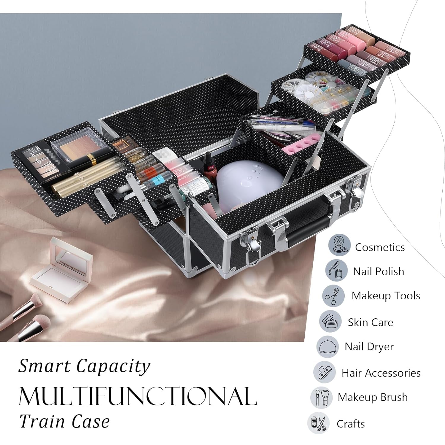 Makeup Train Case 12 Inch Large Portable Cosmetic Case - 6 Tier Trays Professional Makeup Storage Organizer Box Make up Carrier with Lockable Keys Travel Case for Women and Girls - Black