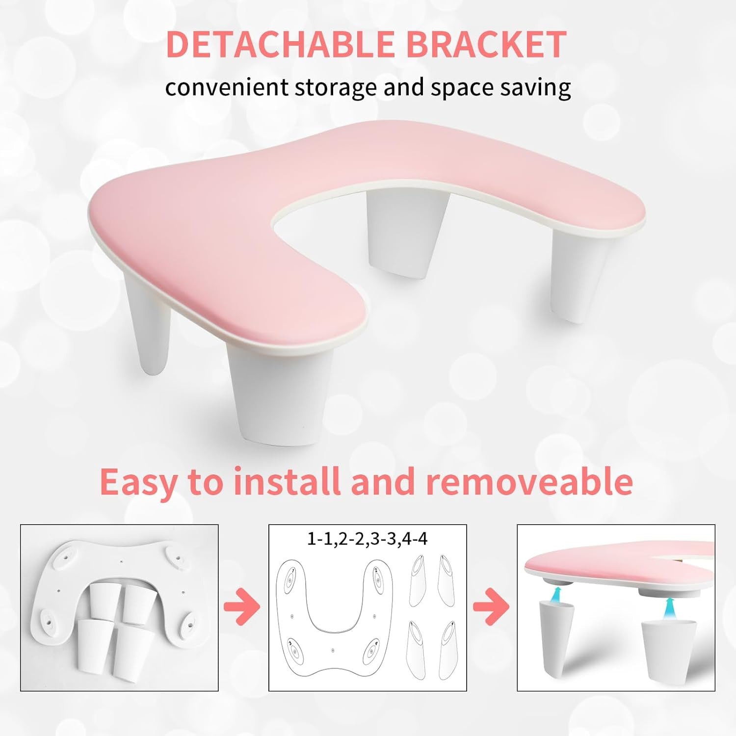 Ergonomic U-Shaped Nail Tech Arm Rest Cushion - Soft PU Leather Manicure Support (Pink)