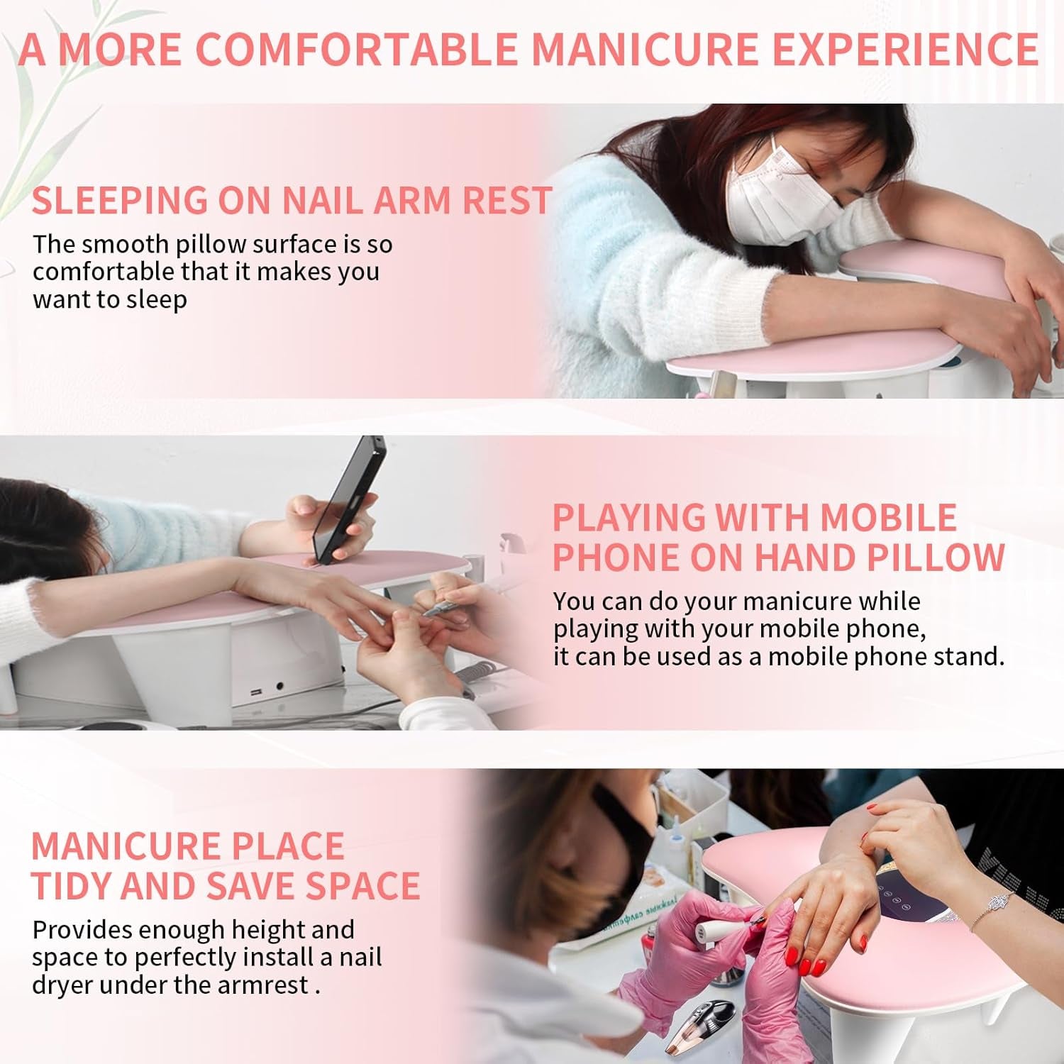 Ergonomic U-Shaped Nail Tech Arm Rest Cushion - Soft PU Leather Manicure Support (Pink)