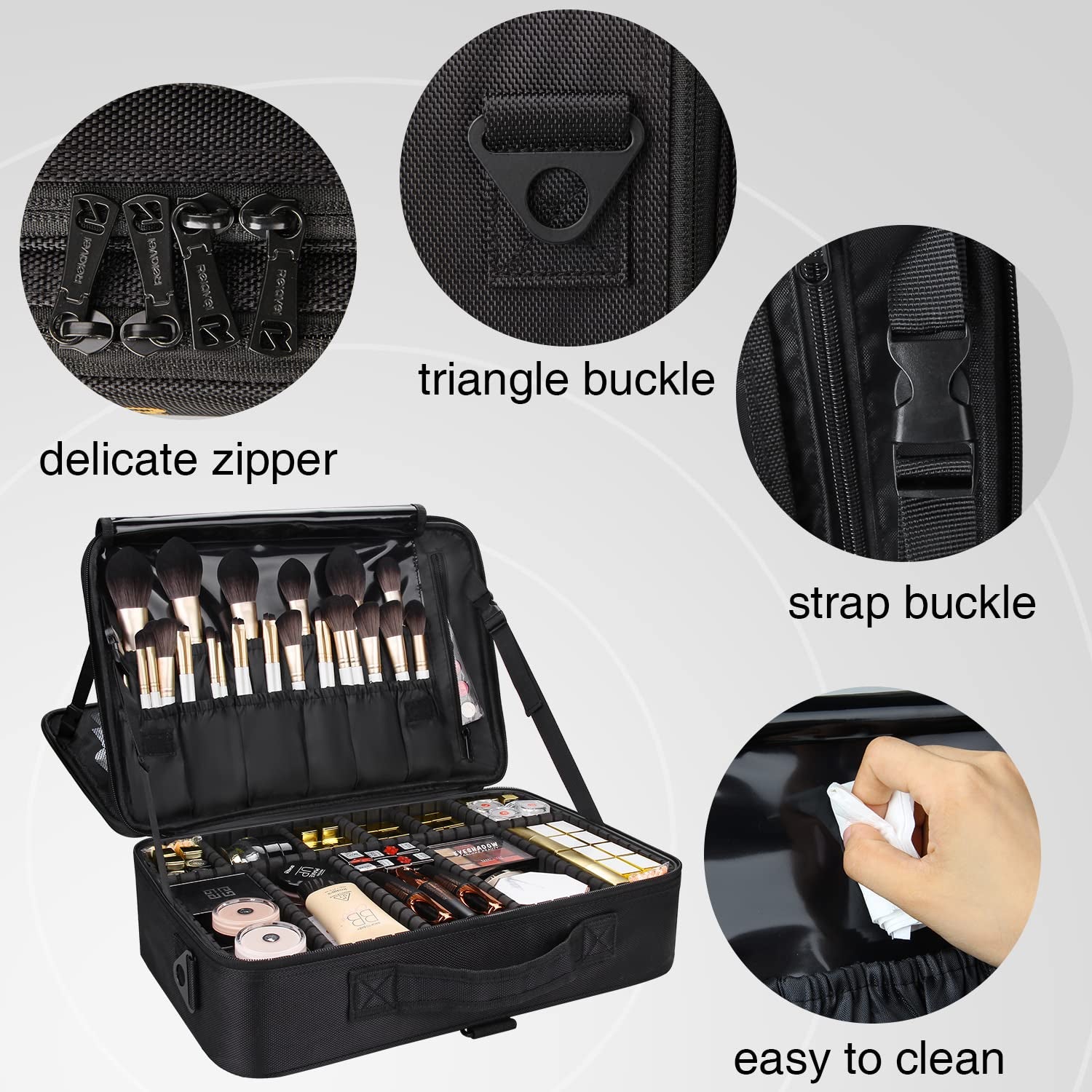 16.5'' Large Capacity Makeup Case 3 Layers Cosmetic Organizer Brush Bag Barber Train Case Makeup Artist Box for Hair Curler Hair Straightener Brush Set and Cosmetics