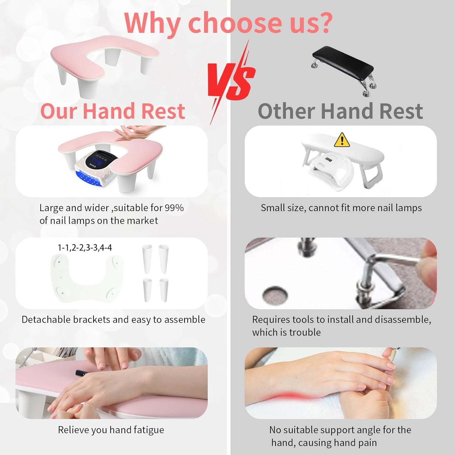 Ergonomic U-Shaped Nail Tech Arm Rest Cushion - Soft PU Leather Manicure Support (Pink)