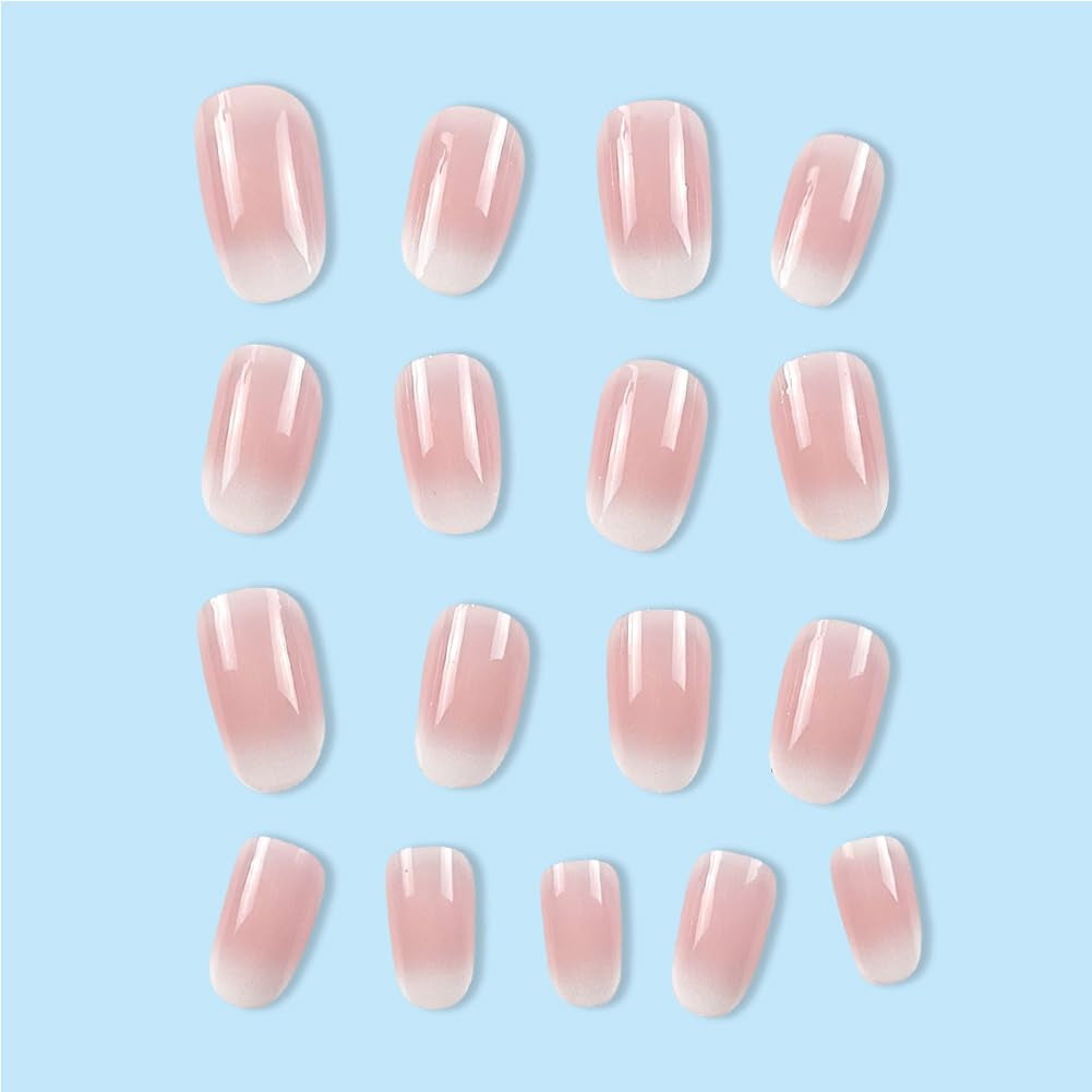 Short Almond Press On Nails - White Ombre Fake Nails for Women & Girls - 24 Pcs Acrylic Stick-On Designs