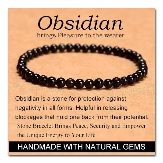 Handmade Black Obsidian Yoga Bracelet - 4mm Natural Stone Crystal for Healing Energy & Pleasure - Unisex Gift