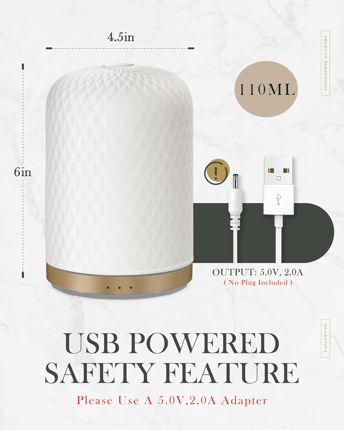 Aesthetic Ceramic Essential Oil Diffuser - 110ml Ultrasonic USB-Powered Diffuser for Large Rooms, Yoga, and Dorm Décor - Perfect Home Accent in Elegant White