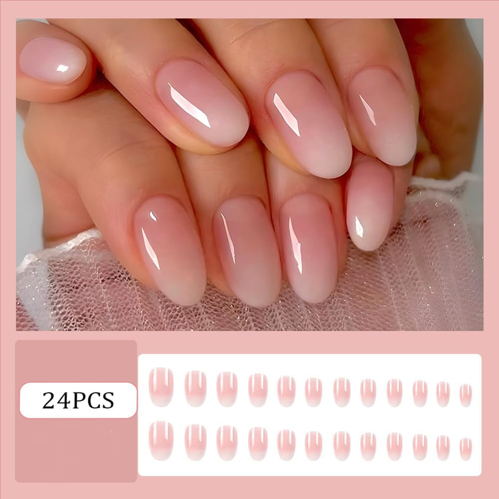 Short Almond Press On Nails - White Ombre Fake Nails for Women & Girls - 24 Pcs Acrylic Stick-On Designs