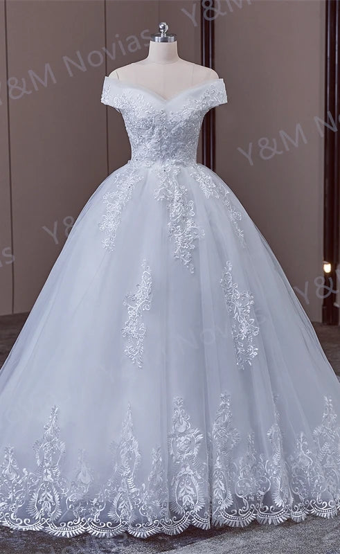 Real video Ball Gown Off Shoulder Wedding Dresses Full Sleeve Sweetheart Lace Appliqus Bead Wedding Dresses For Women 2024 New