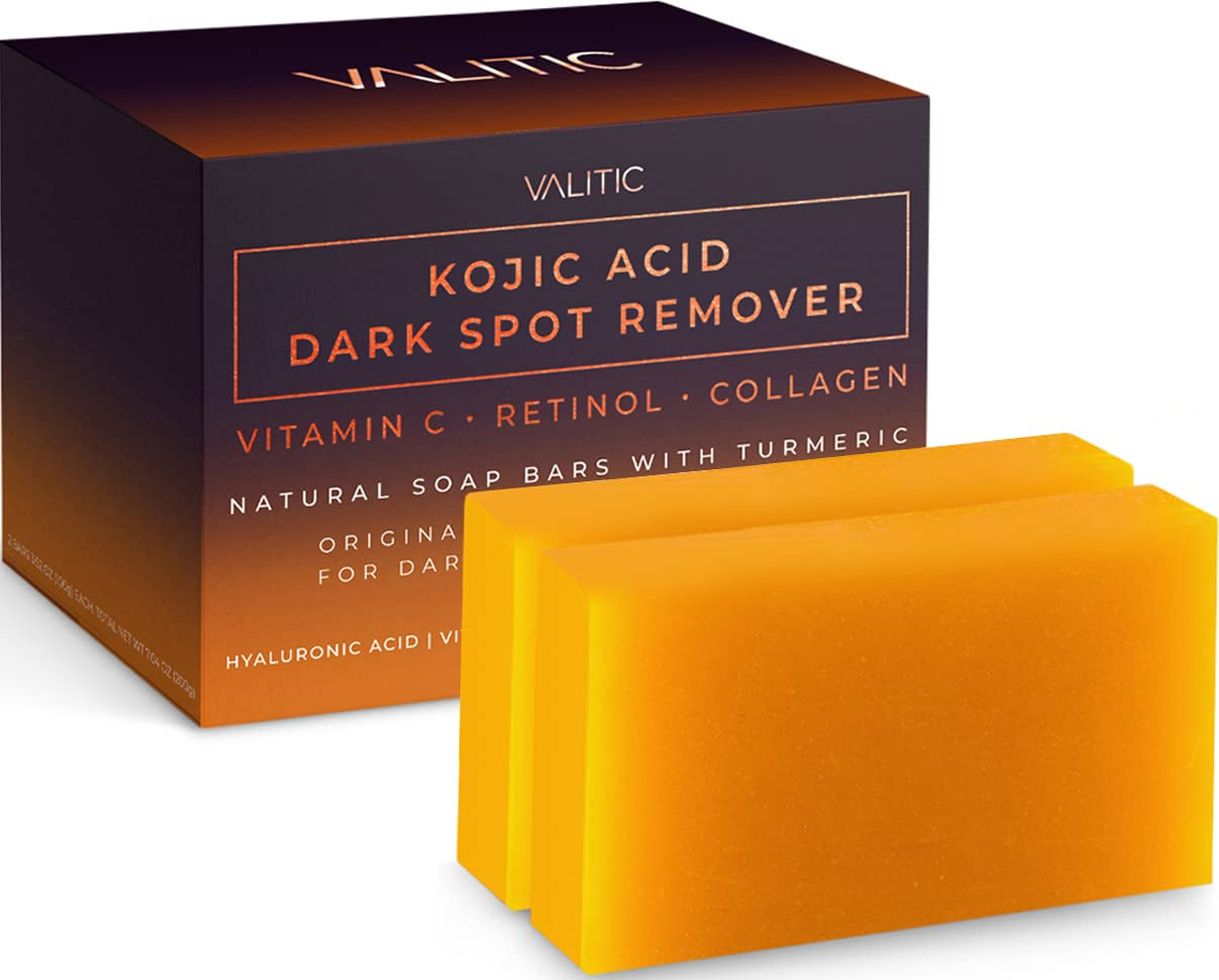 Kojic Acid Dark Spot Remover Soap Bars - Brightening Formula with Vitamin C, Retinol, Collagen & Turmeric - Japanese Complex with Hyaluronic Acid & Shea Butter (2 Pack)