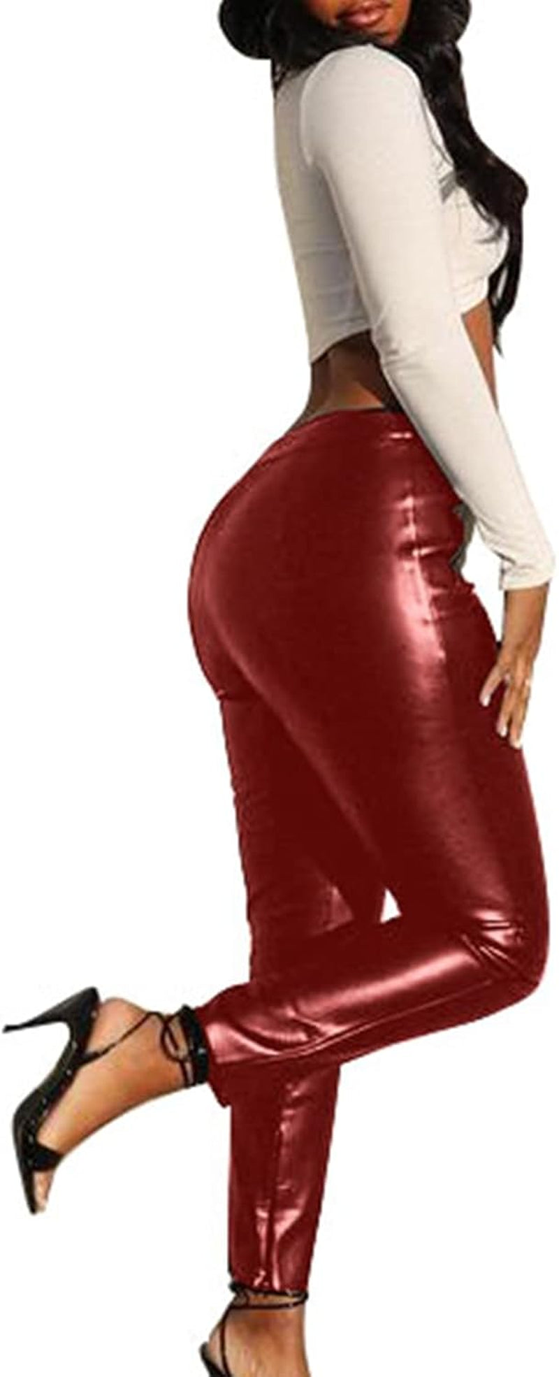 Leather Pants for Women Sexy, Womens High Waisted Pleather Pants Red