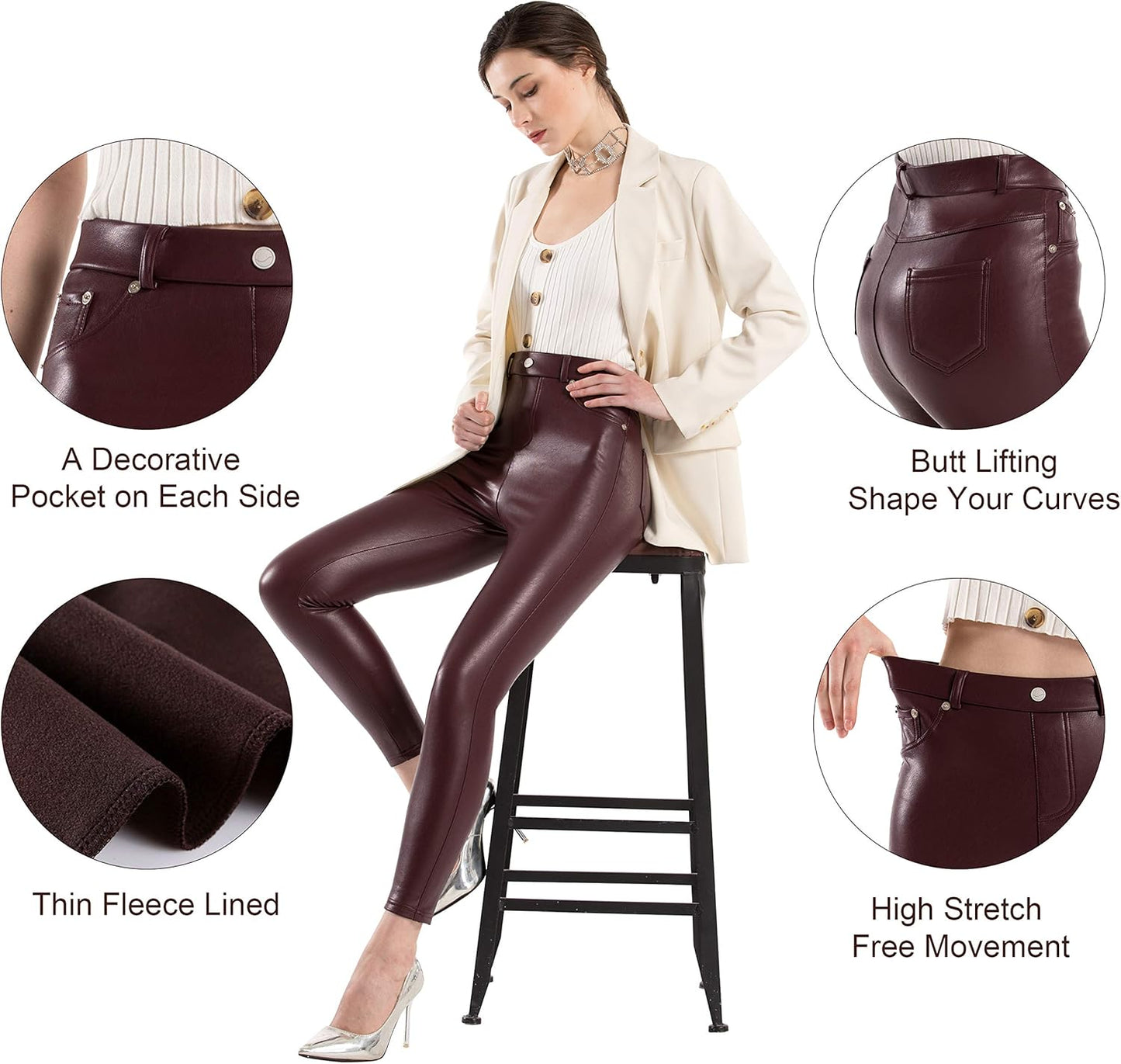 Faux Leather Leggings for Women High Waisted Pleather Pants Stretch Tights with Pockets