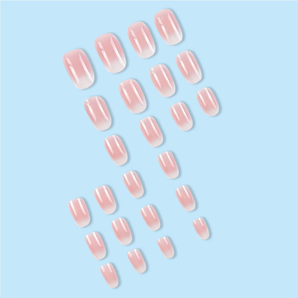 Short Almond Press On Nails - White Ombre Fake Nails for Women & Girls - 24 Pcs Acrylic Stick-On Designs