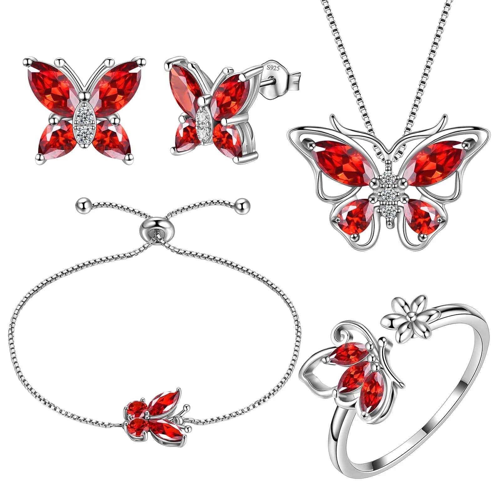 Elegant January Birthstone Jewelry Set - Stunning Red Butterfly Garnet Necklace, Earrings, Ring & Bracelet in Sterling Silver - Perfect Gifts for Christmas, Birthdays & Mother's Day